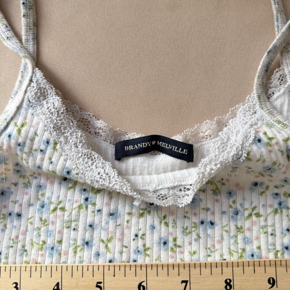Brandy Melville White Blue Floral Lace Trim Ribbed Cotton Cami Tank Top Small - Picture 2 of 6